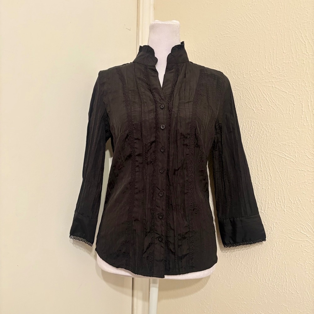 Black Crinkle Lace Trim High Neck Button Down Blouse 3/4 Sleeve Shirt Goth Sz M